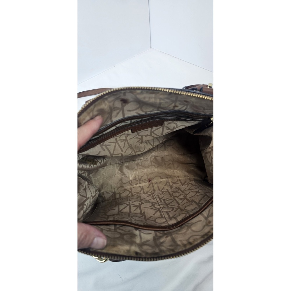 Calvin Klein Floral Embroidered Satchel Crossbody Logo Bag Brown Beige - Picture 5 of 9